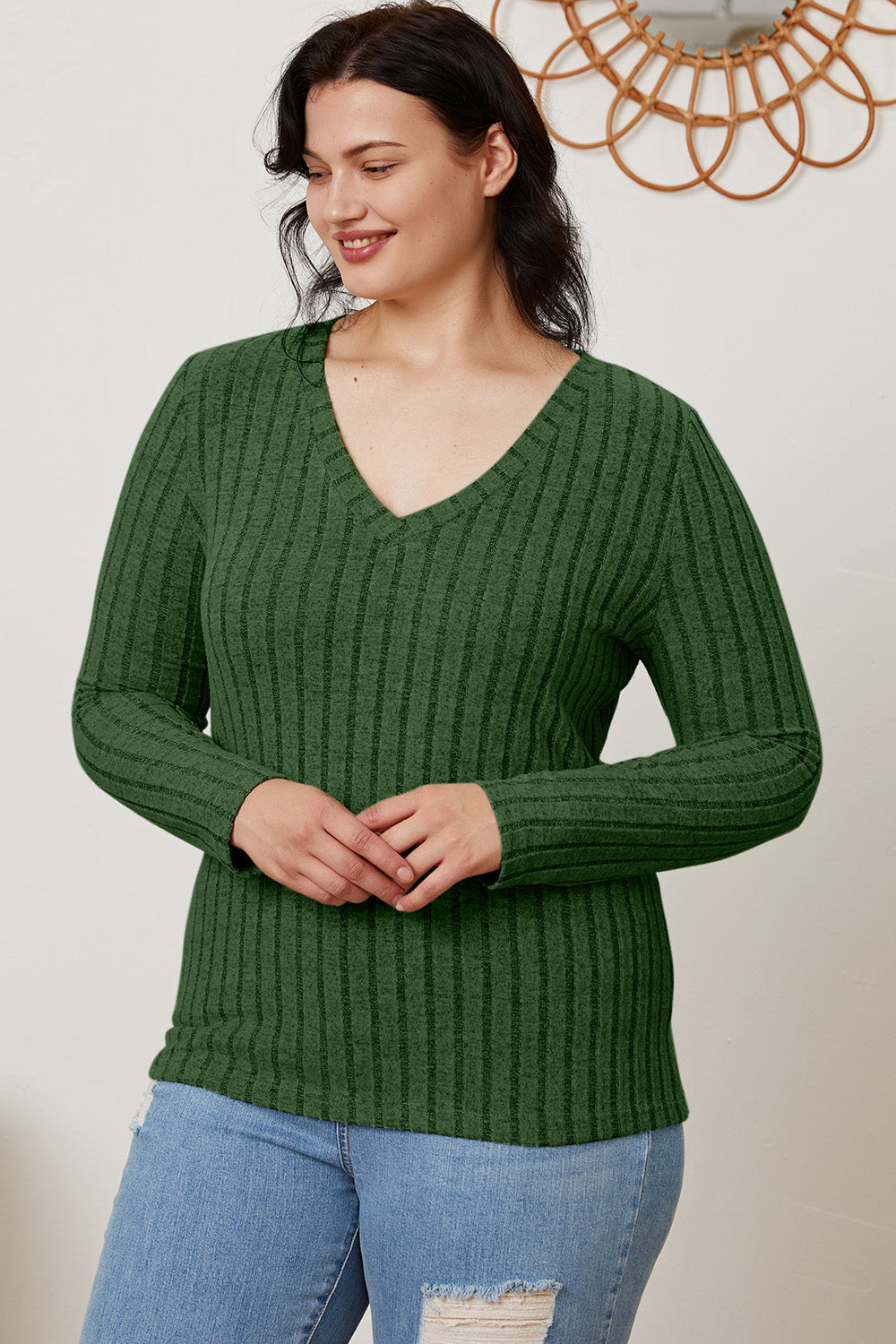 Basic Bae Full Size Ribbed V-Neck Long Sleeve T-Shirt - Life's Fun Treasures
