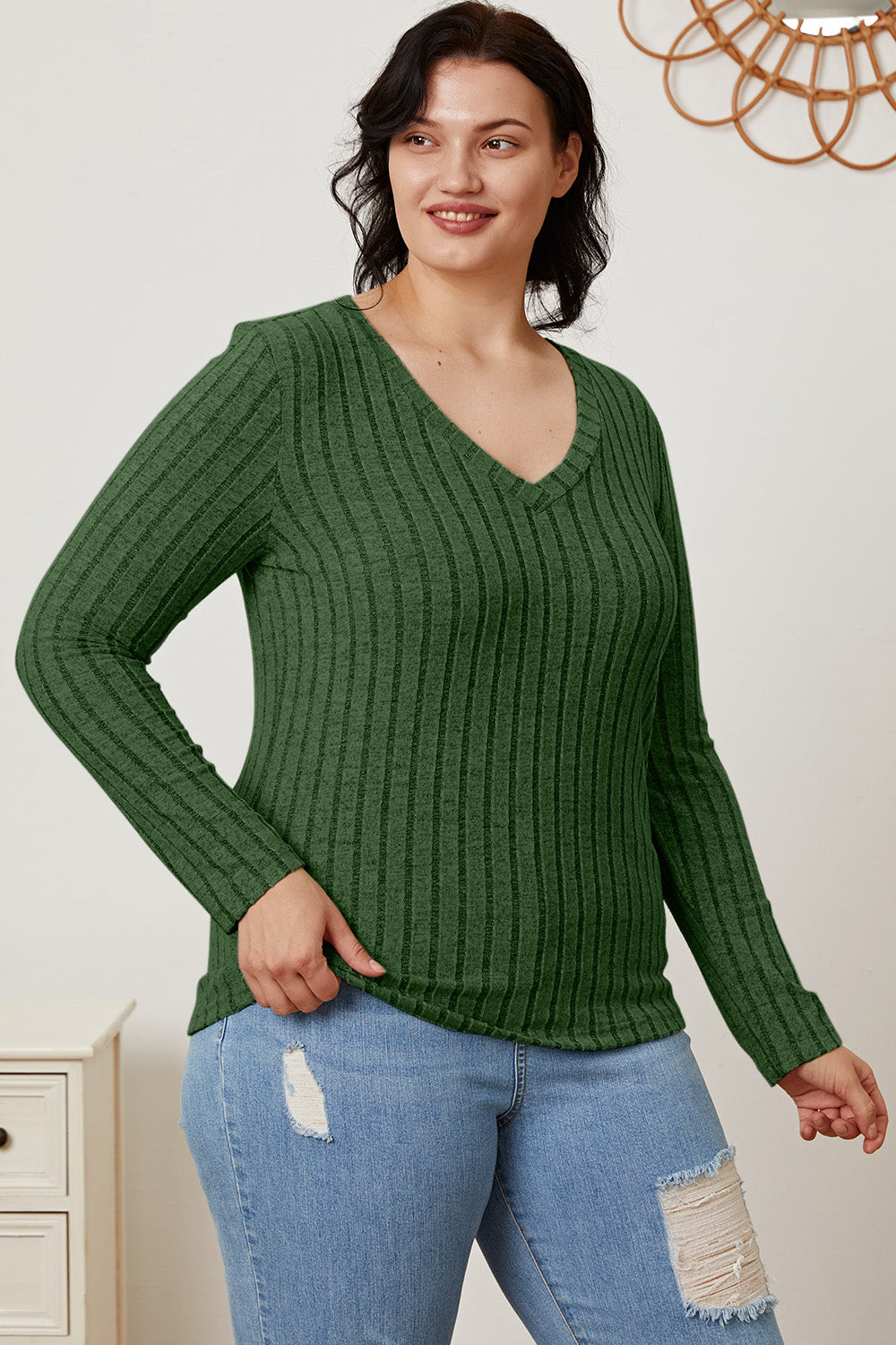 Basic Bae Full Size Ribbed V-Neck Long Sleeve T-Shirt - Life's Fun Treasures