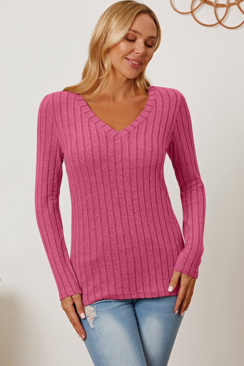 Basic Bae Full Size Ribbed V-Neck Long Sleeve T-Shirt - Life's Fun Treasures