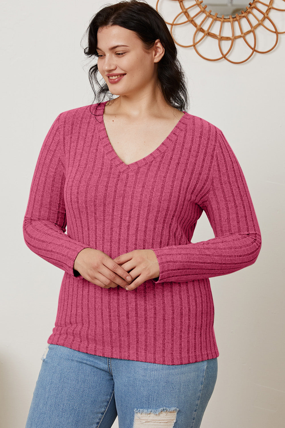 Basic Bae Full Size Ribbed V-Neck Long Sleeve T-Shirt - Life's Fun Treasures