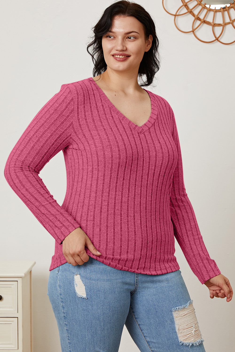 Basic Bae Full Size Ribbed V-Neck Long Sleeve T-Shirt - Life's Fun Treasures
