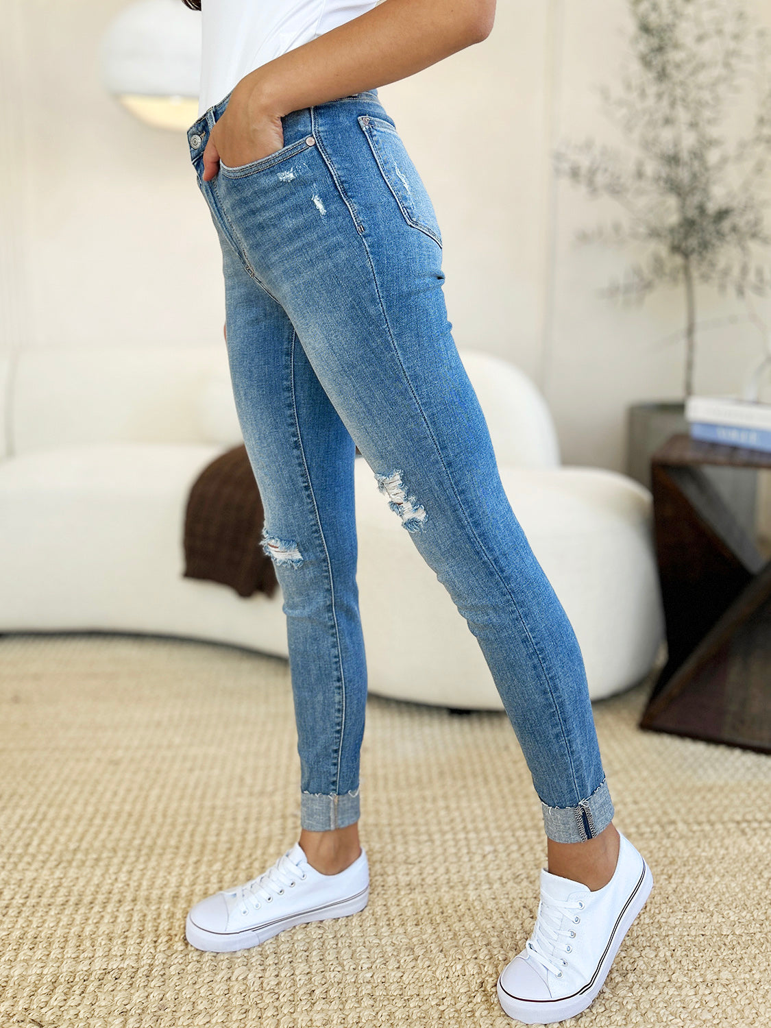 Judy Blue Full Size Mid Rise Destroy & Cuff Skinny Jeans - Life's Fun Treasures
