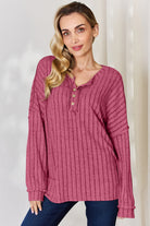 Basic Bae Full Size Ribbed Half Button Long Sleeve T-Shirt - Life's Fun Treasures