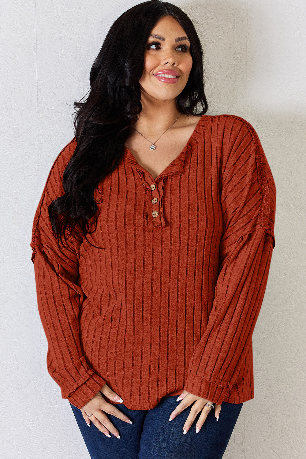 Basic Bae Full Size Ribbed Half Button Long Sleeve T-Shirt - Life's Fun Treasures