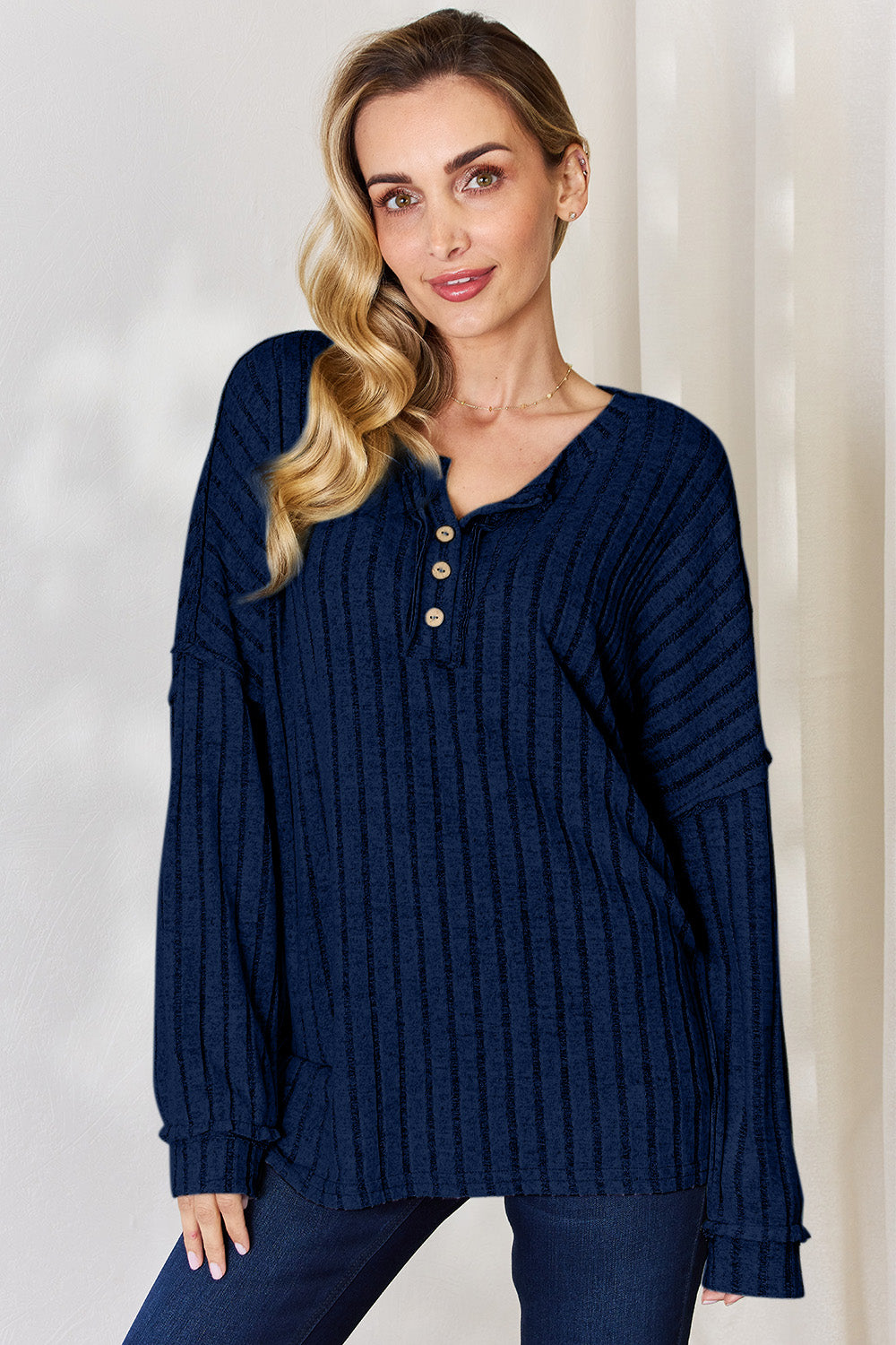 Basic Bae Full Size Ribbed Half Button Long Sleeve T-Shirt - Life's Fun Treasures