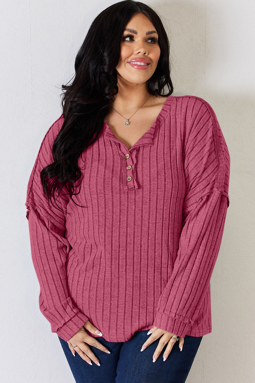 Basic Bae Full Size Ribbed Half Button Long Sleeve T-Shirt - Life's Fun Treasures
