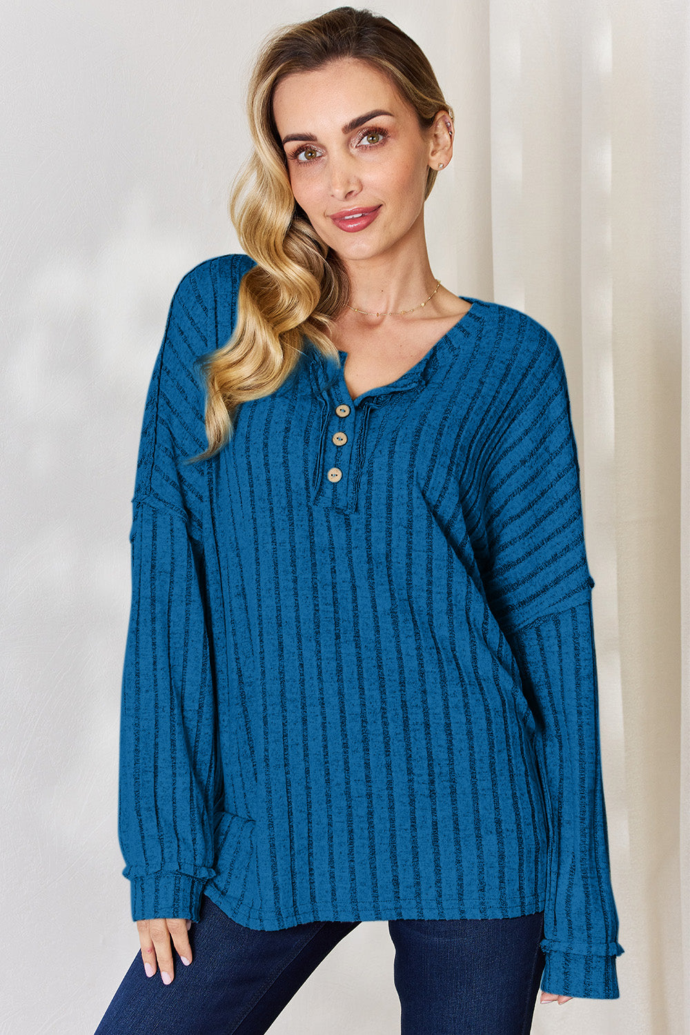 Basic Bae Full Size Ribbed Half Button Long Sleeve T-Shirt - Life's Fun Treasures