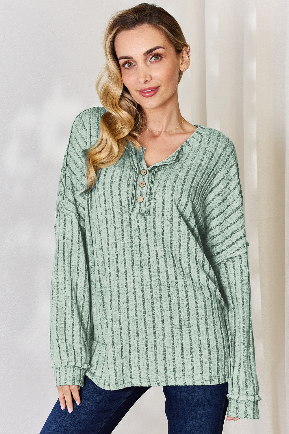 Basic Bae Full Size Ribbed Half Button Long Sleeve T-Shirt - Life's Fun Treasures