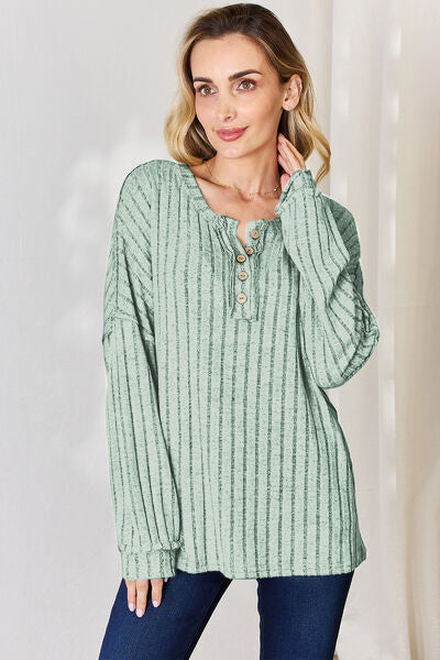 Basic Bae Full Size Ribbed Half Button Long Sleeve T-Shirt - Life's Fun Treasures