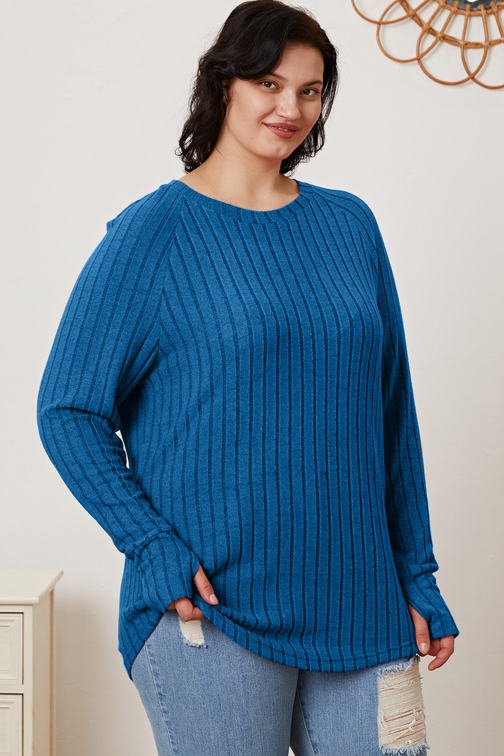 Basic Bae Full Size Ribbed Thumbhole Sleeve T-Shirt - Life's Fun Treasures
