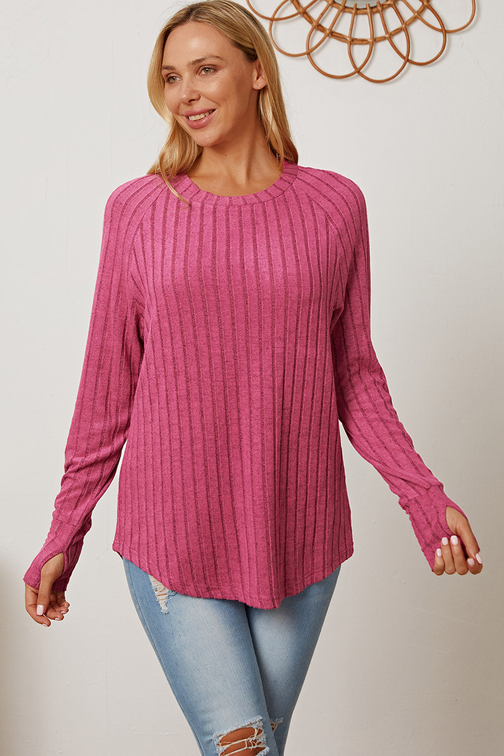 Basic Bae Full Size Ribbed Thumbhole Sleeve T-Shirt - Life's Fun Treasures