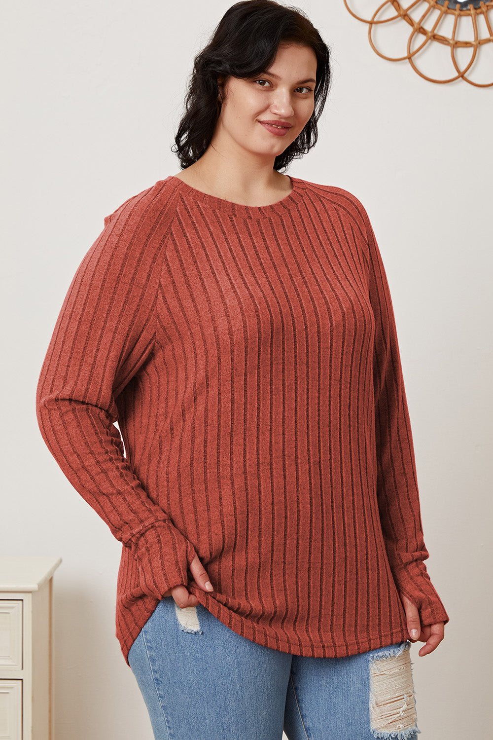 Basic Bae Full Size Ribbed Thumbhole Sleeve T-Shirt - Life's Fun Treasures