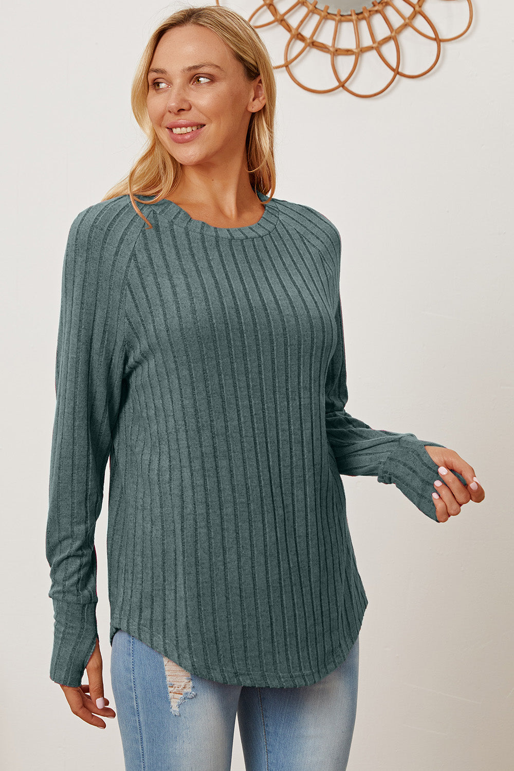 Basic Bae Full Size Ribbed Thumbhole Sleeve T-Shirt - Life's Fun Treasures