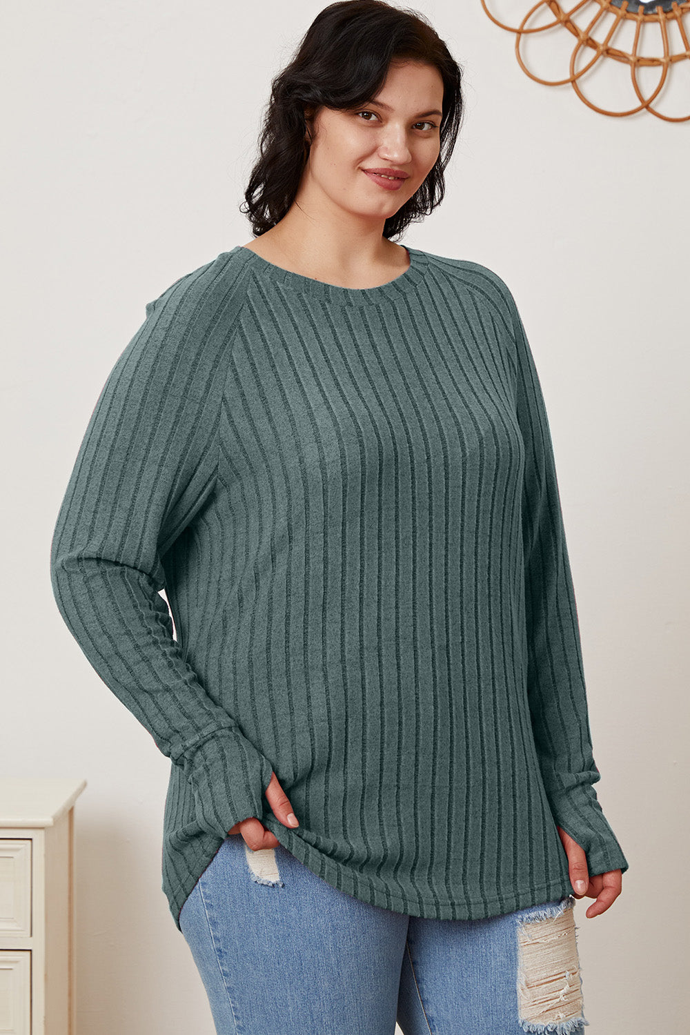 Basic Bae Full Size Ribbed Thumbhole Sleeve T-Shirt - Life's Fun Treasures