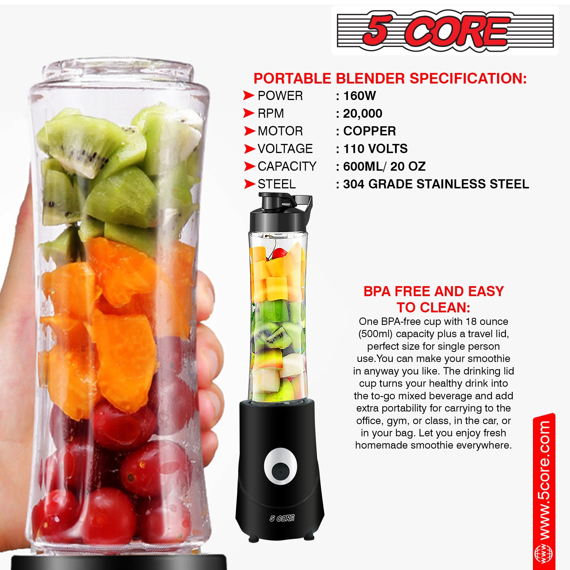 5Core Portable Personal Blender for Kitchen 20Oz Capacity 160W - Life's Fun Treasures