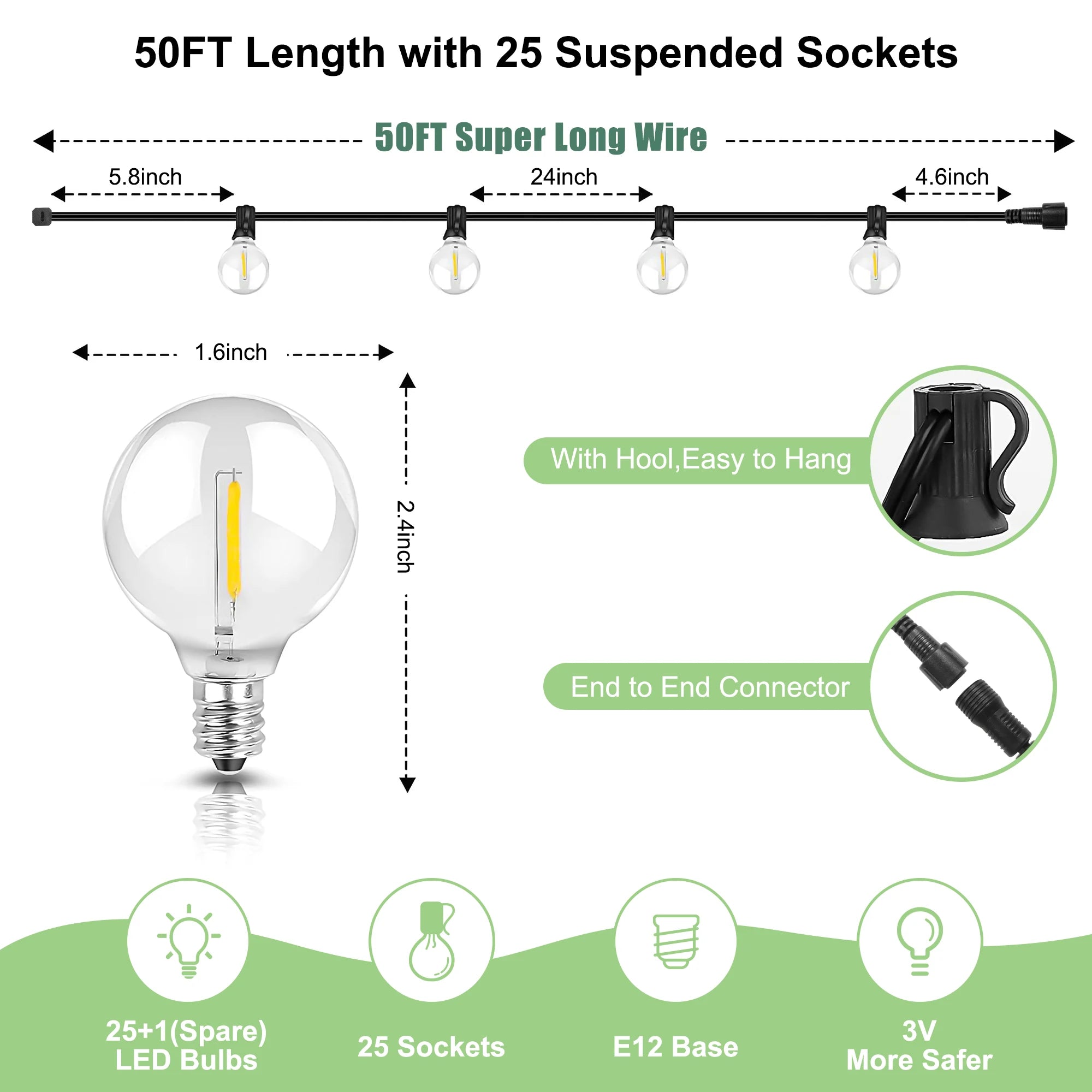Solar String Lights - 50ft G40 Globe Garden Light, 25 Edison Bulbs (1 - Life's Fun Treasures
