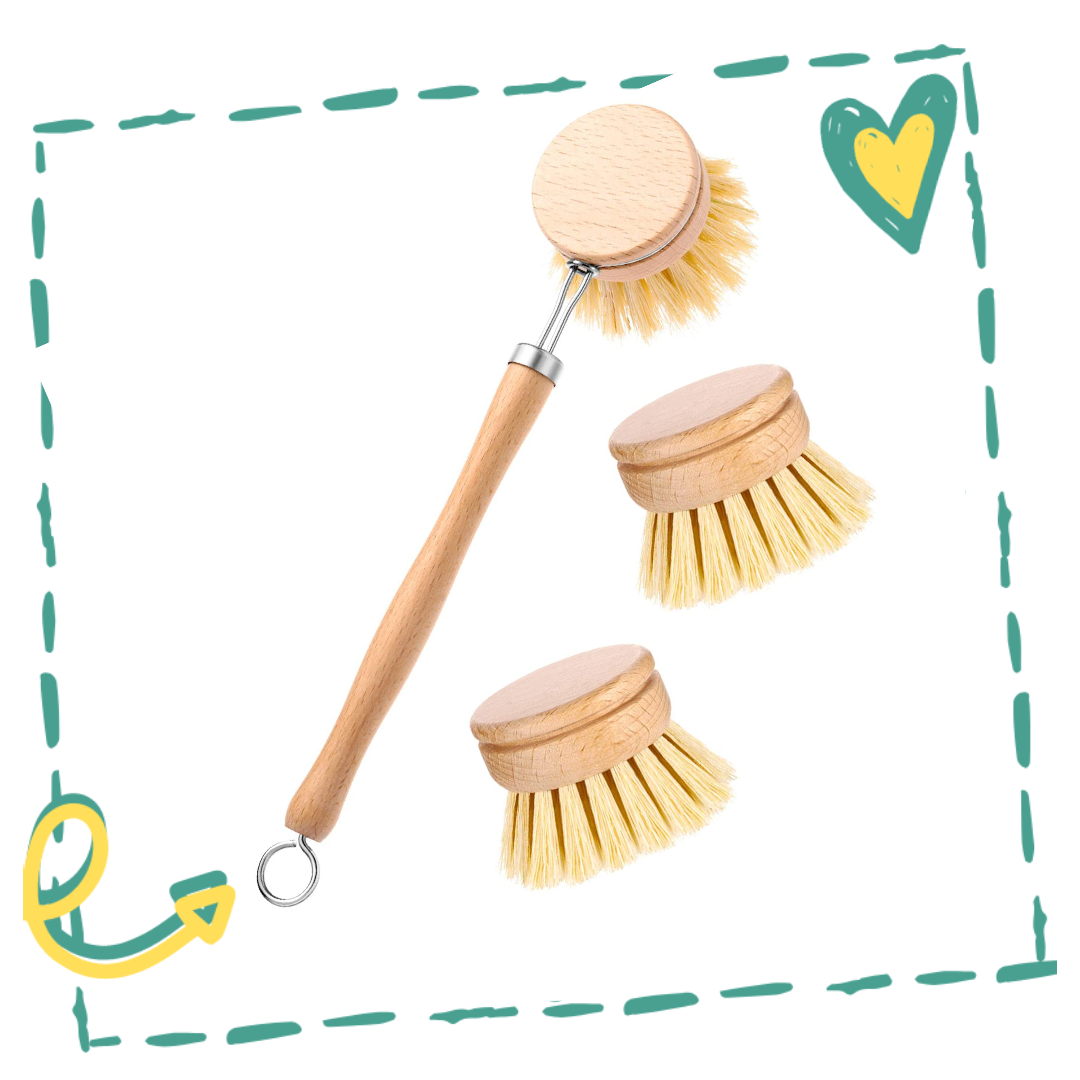 Wooden and Sisal Dish Brush with 2 Pieces Replacement Brush Heads - Life's Fun Treasures