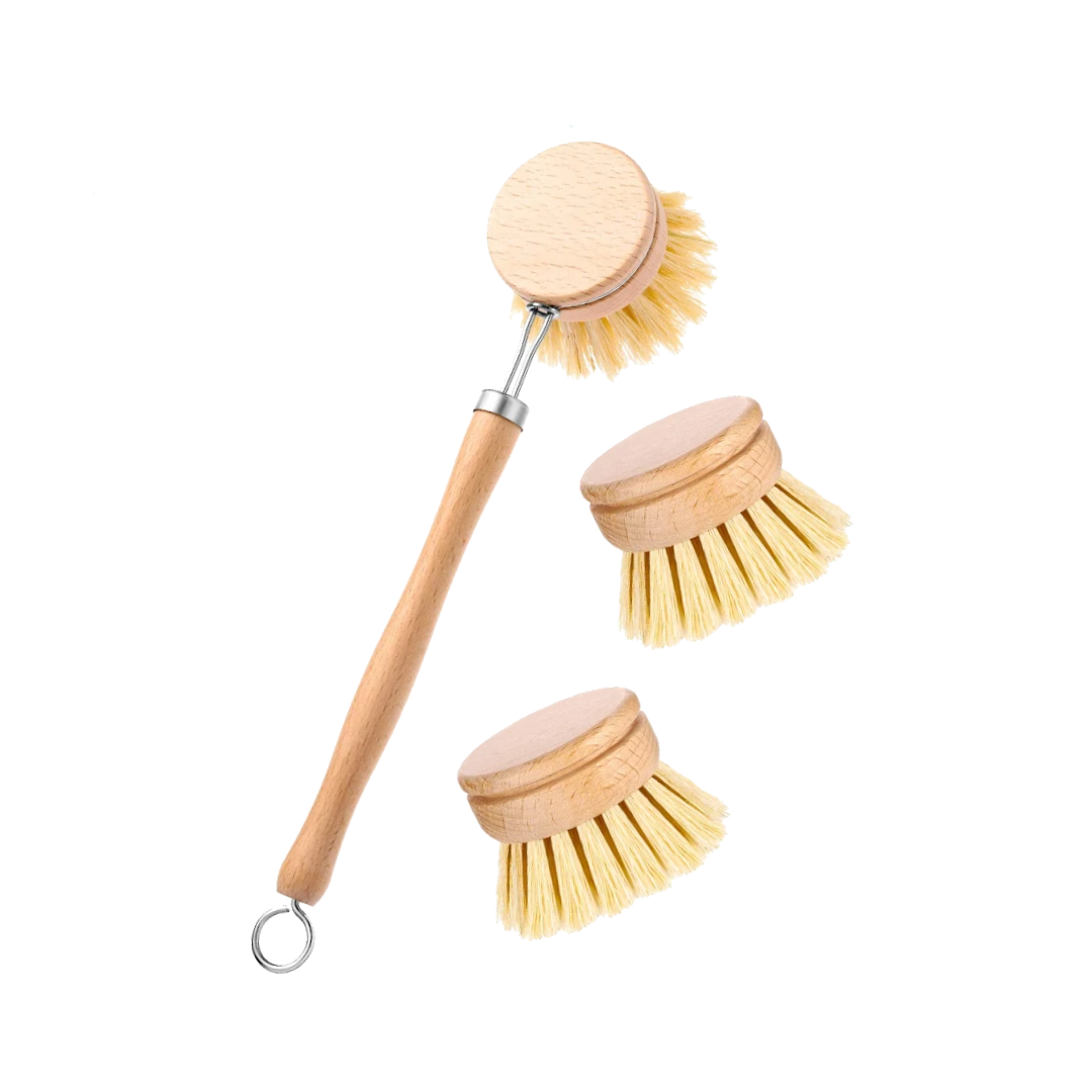 Wooden and Sisal Dish Brush with 2 Pieces Replacement Brush Heads - Life's Fun Treasures