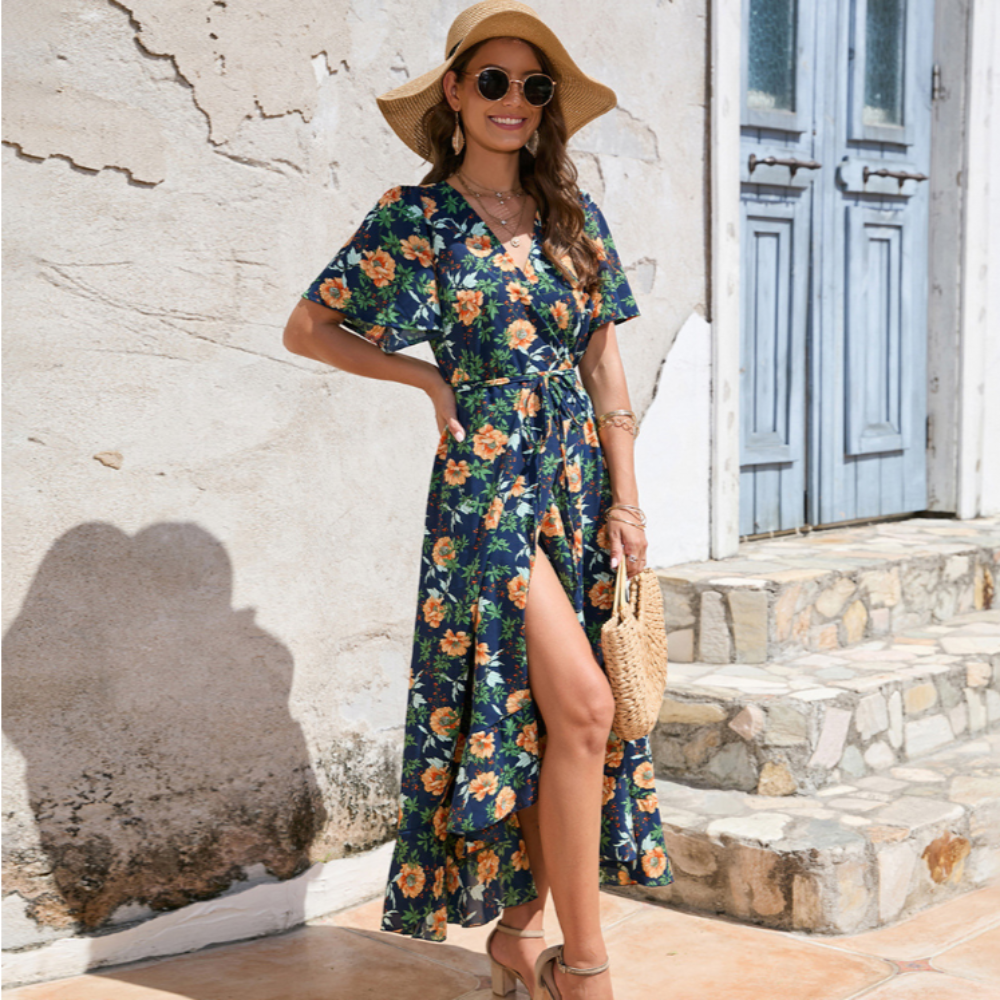 Women Wrap Style Summer Floral Dress With Ruffles - Life's Fun Treasures