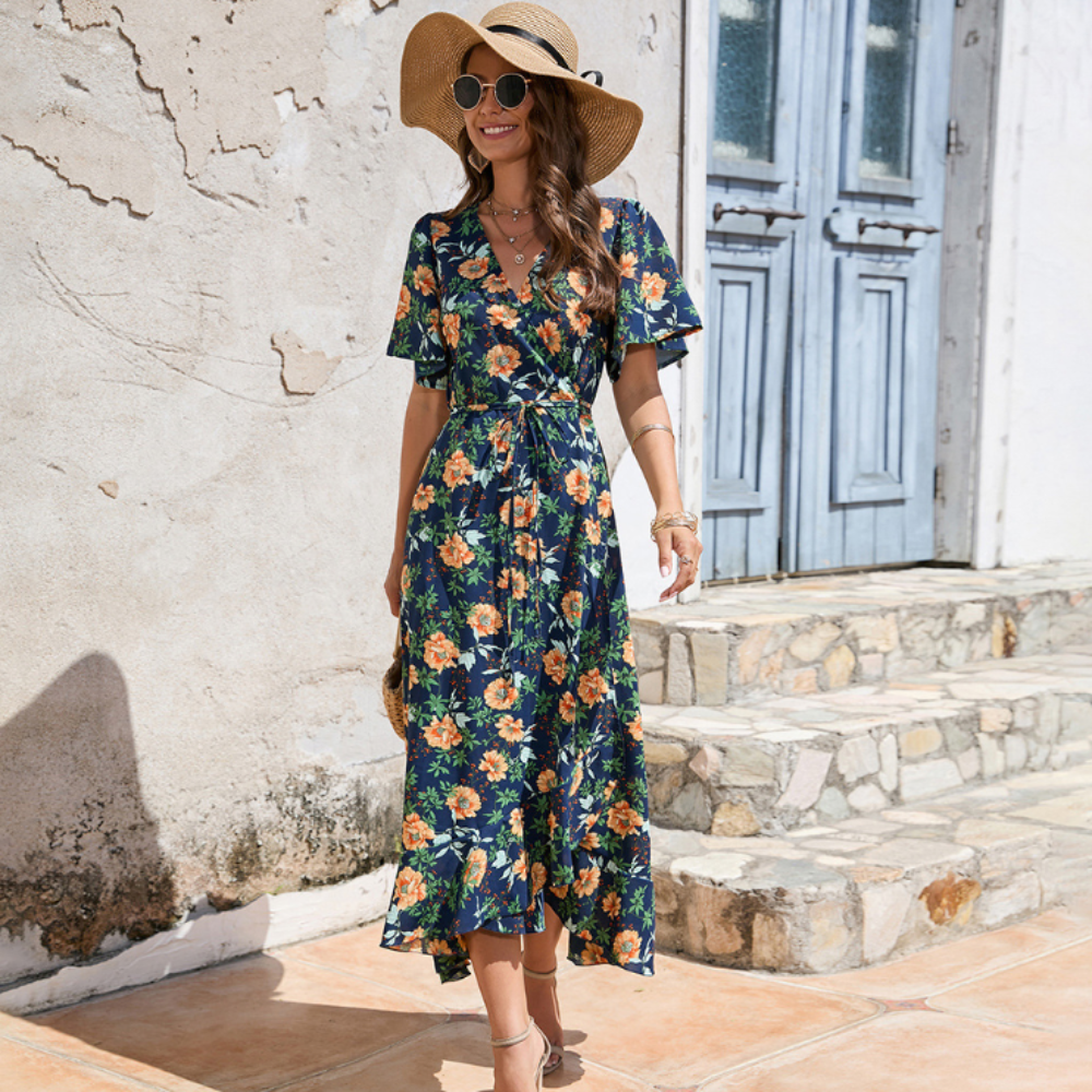Women Wrap Style Summer Floral Dress With Ruffles - Life's Fun Treasures