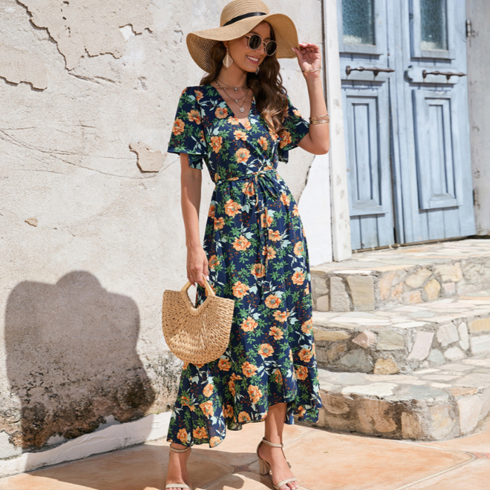 Women Wrap Style Summer Floral Dress With Ruffles - Life's Fun Treasures