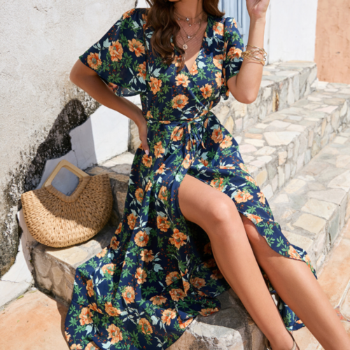 Women Wrap Style Summer Floral Dress With Ruffles - Life's Fun Treasures