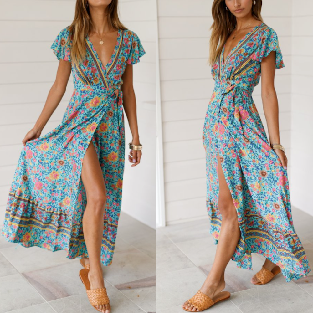 Womens Wrap Style V Neck Floral Maxi Dress - Life's Fun Treasures