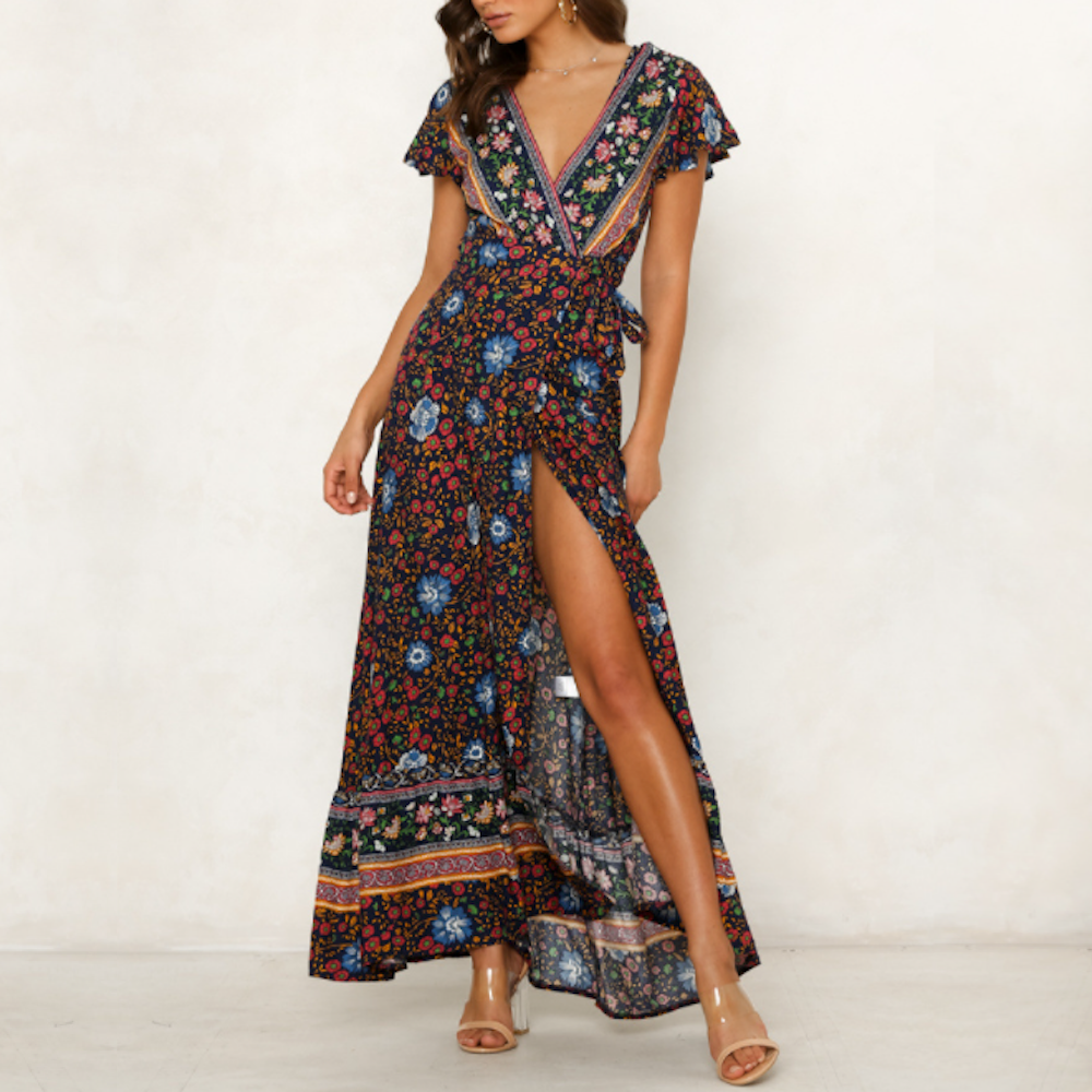 Womens Wrap Style V Neck Floral Maxi Dress - Life's Fun Treasures