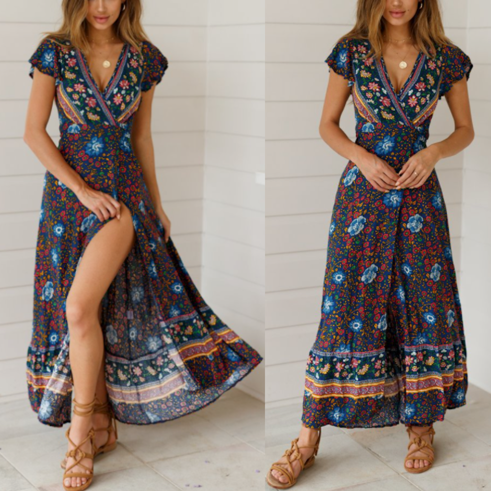 Womens Wrap Style V Neck Floral Maxi Dress - Life's Fun Treasures