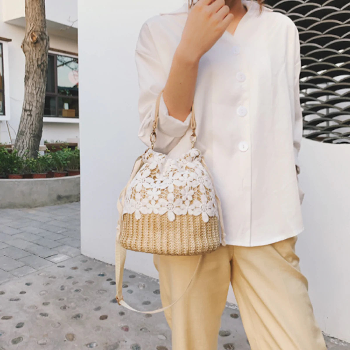 Summer Crossbody Straw Bucket with Lace - Life's Fun Treasures