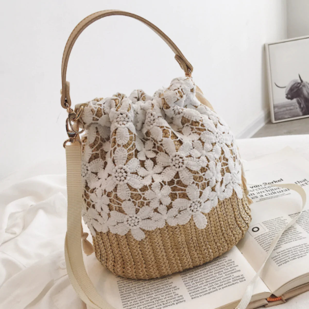 Summer Crossbody Straw Bucket with Lace - Life's Fun Treasures